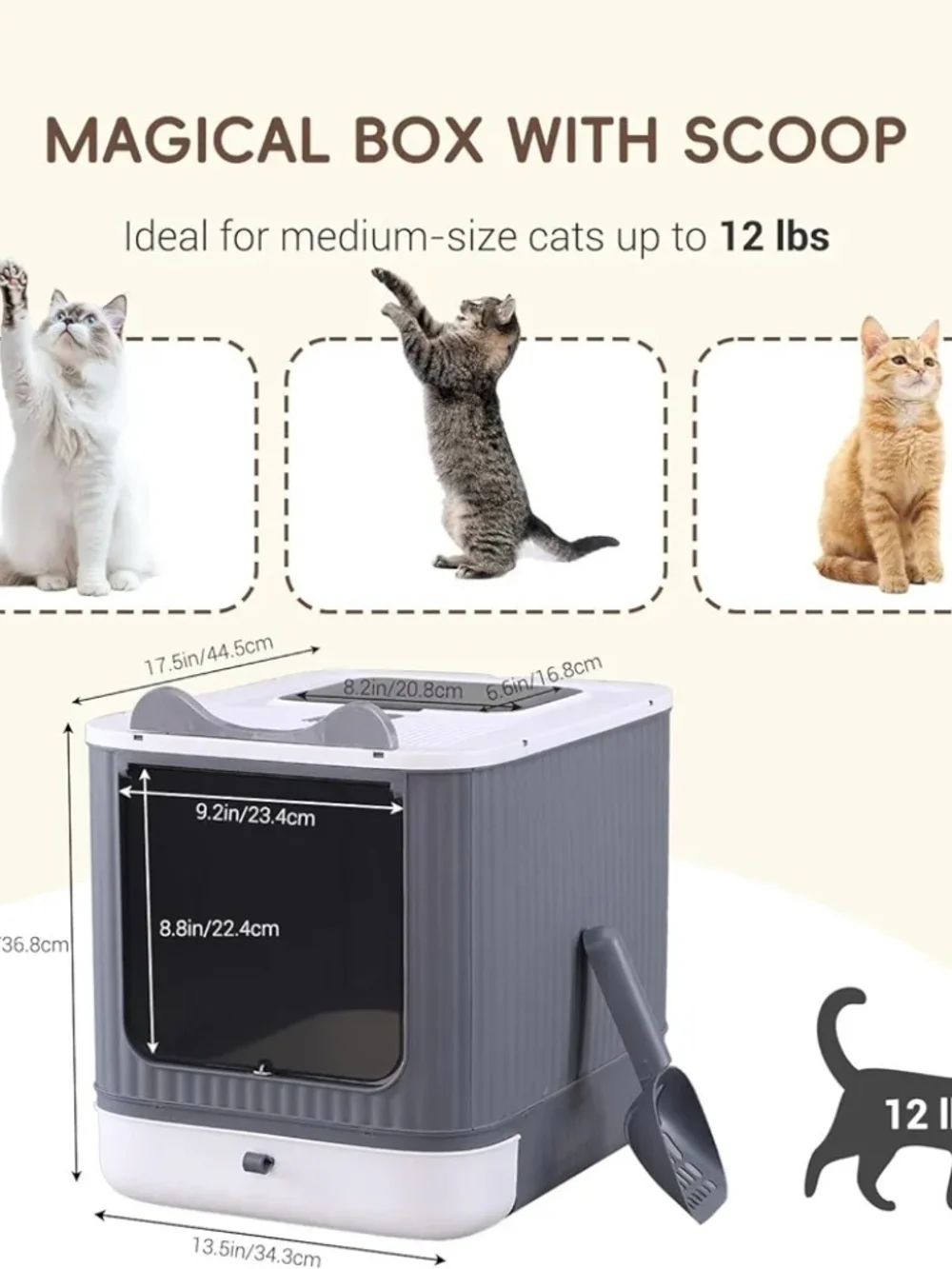 Covered Cat Litter Box Enclosure w/ Lid Drawer Scoop Top Exit White Gray